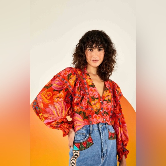 Farm Rio Red Spring Bananas Blouse Medium 100% Cotton - Picture 1 of 12